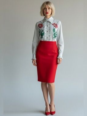 Gucci White Floral Embroidered Blouse with Pink and Green Accents